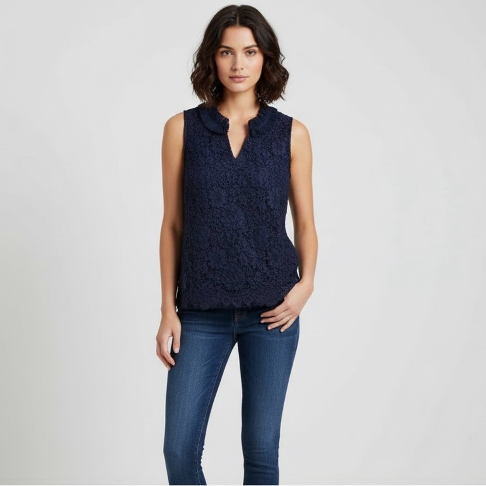 J. Crew Blue Ruffled Lace Embellished Blouse Navy